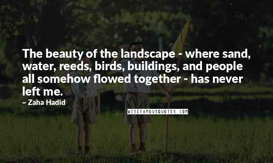 Zaha Hadid Quotes: The beauty of the landscape - where sand, water, reeds, birds, buildings, and people all somehow flowed together - has never left me.