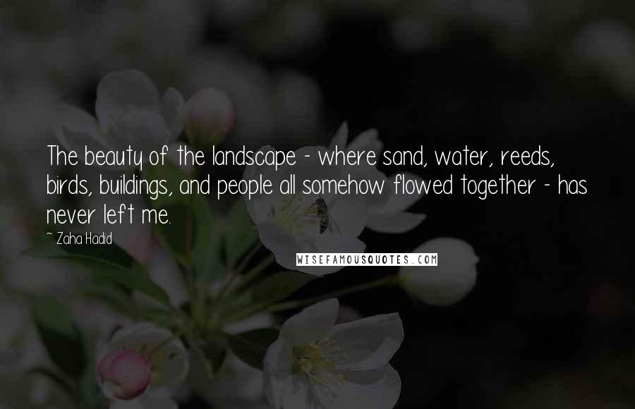 Zaha Hadid Quotes: The beauty of the landscape - where sand, water, reeds, birds, buildings, and people all somehow flowed together - has never left me.