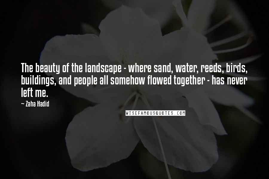 Zaha Hadid Quotes: The beauty of the landscape - where sand, water, reeds, birds, buildings, and people all somehow flowed together - has never left me.