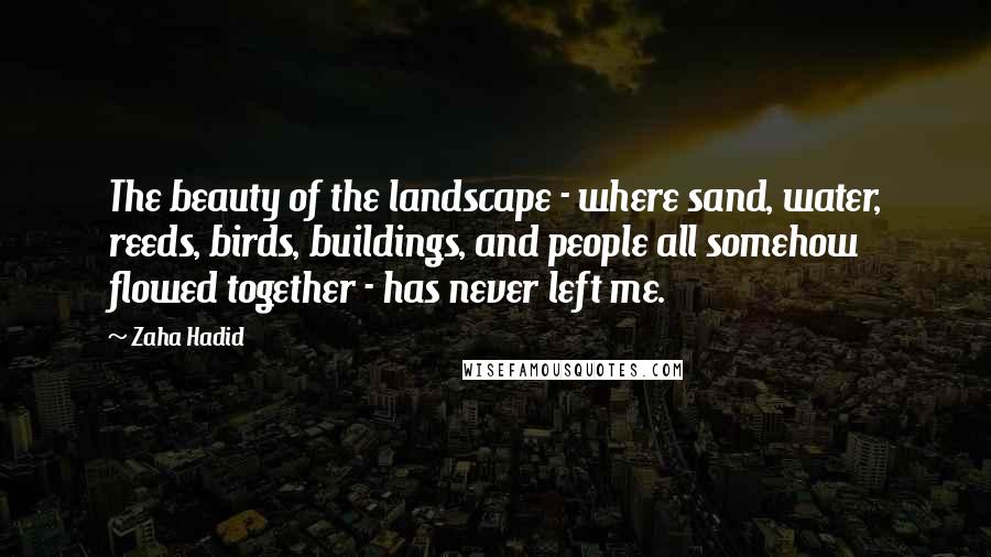 Zaha Hadid Quotes: The beauty of the landscape - where sand, water, reeds, birds, buildings, and people all somehow flowed together - has never left me.