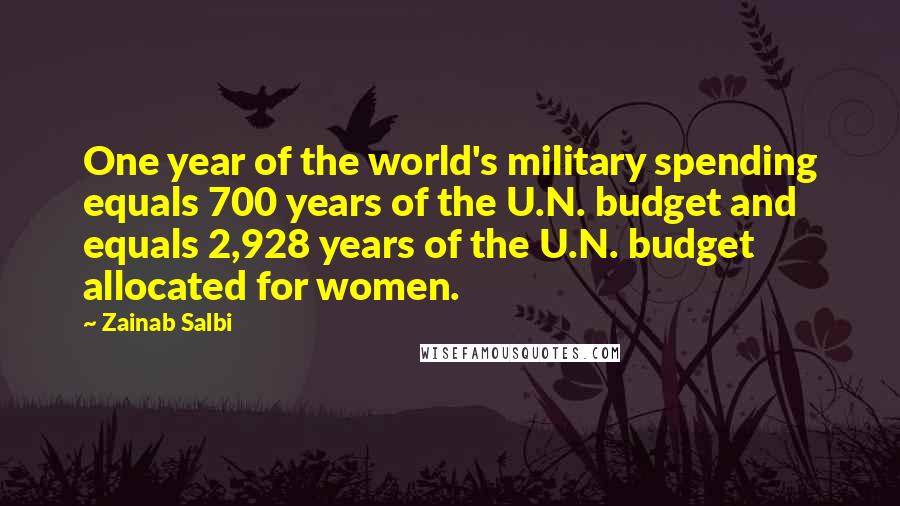 Zainab Salbi Quotes: One year of the world's military spending equals 700 years of the U.N. budget and equals 2,928 years of the U.N. budget allocated for women.