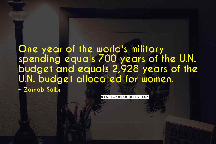 Zainab Salbi Quotes: One year of the world's military spending equals 700 years of the U.N. budget and equals 2,928 years of the U.N. budget allocated for women.