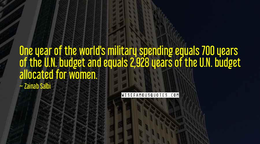 Zainab Salbi Quotes: One year of the world's military spending equals 700 years of the U.N. budget and equals 2,928 years of the U.N. budget allocated for women.