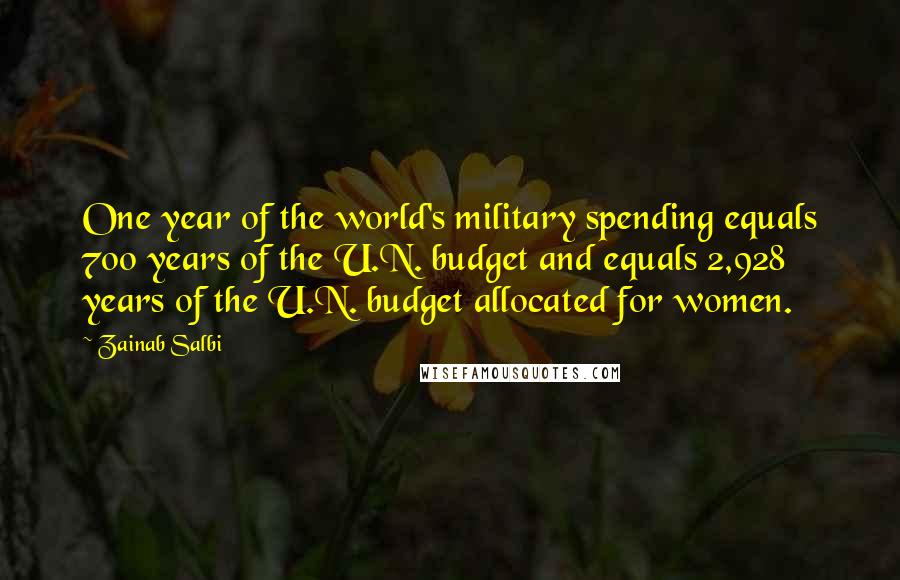 Zainab Salbi Quotes: One year of the world's military spending equals 700 years of the U.N. budget and equals 2,928 years of the U.N. budget allocated for women.