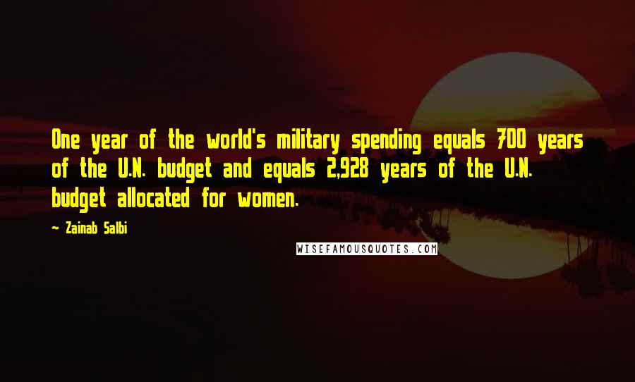 Zainab Salbi Quotes: One year of the world's military spending equals 700 years of the U.N. budget and equals 2,928 years of the U.N. budget allocated for women.