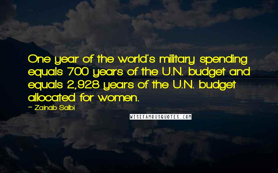 Zainab Salbi Quotes: One year of the world's military spending equals 700 years of the U.N. budget and equals 2,928 years of the U.N. budget allocated for women.