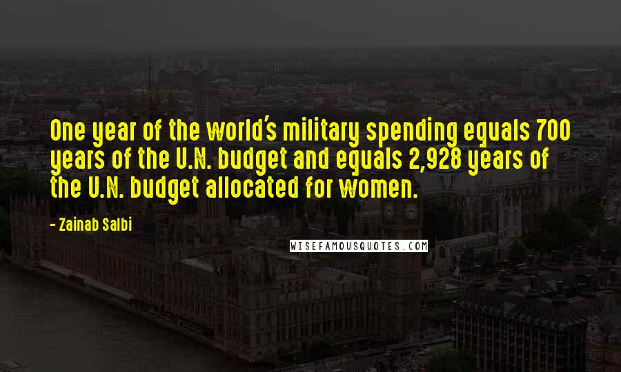 Zainab Salbi Quotes: One year of the world's military spending equals 700 years of the U.N. budget and equals 2,928 years of the U.N. budget allocated for women.