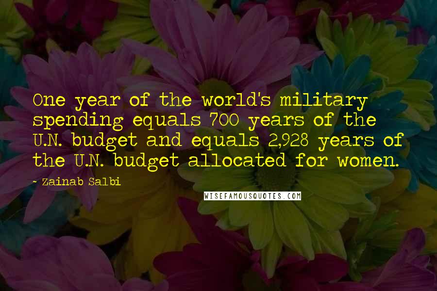 Zainab Salbi Quotes: One year of the world's military spending equals 700 years of the U.N. budget and equals 2,928 years of the U.N. budget allocated for women.