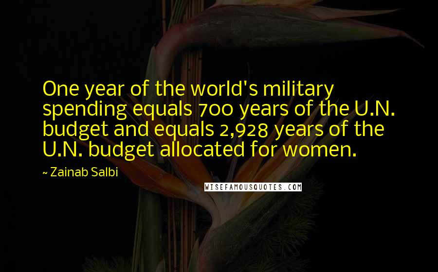 Zainab Salbi Quotes: One year of the world's military spending equals 700 years of the U.N. budget and equals 2,928 years of the U.N. budget allocated for women.