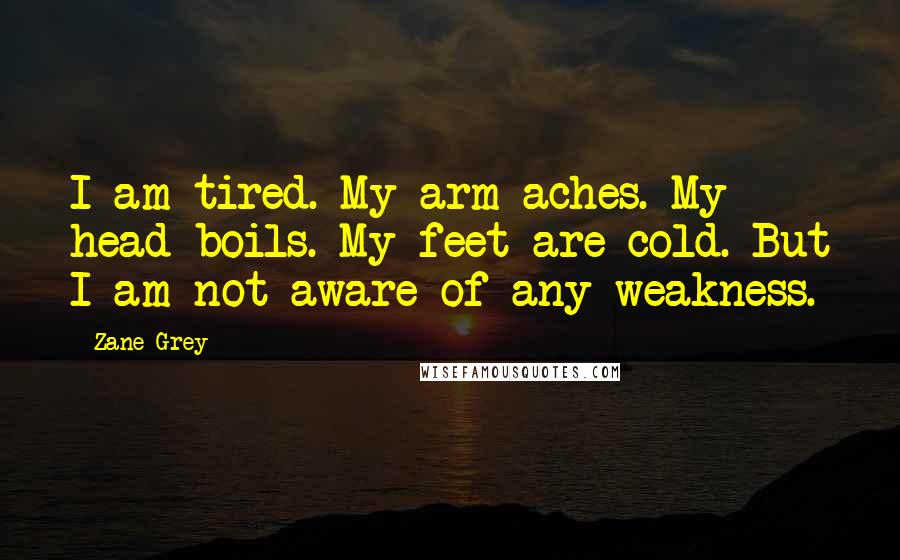 Zane Grey Quotes: I am tired. My arm aches. My head boils. My feet are cold. But I am not aware of any weakness.