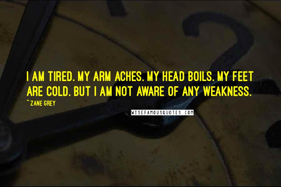 Zane Grey Quotes: I am tired. My arm aches. My head boils. My feet are cold. But I am not aware of any weakness.