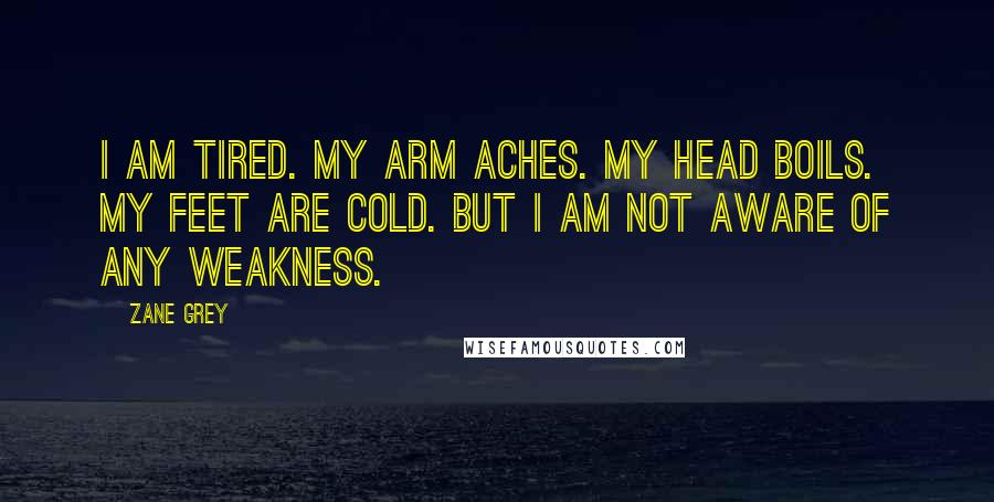 Zane Grey Quotes: I am tired. My arm aches. My head boils. My feet are cold. But I am not aware of any weakness.