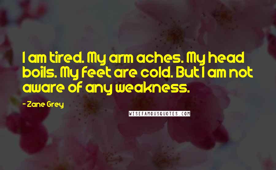 Zane Grey Quotes: I am tired. My arm aches. My head boils. My feet are cold. But I am not aware of any weakness.