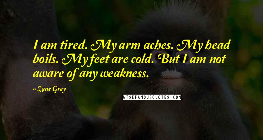 Zane Grey Quotes: I am tired. My arm aches. My head boils. My feet are cold. But I am not aware of any weakness.