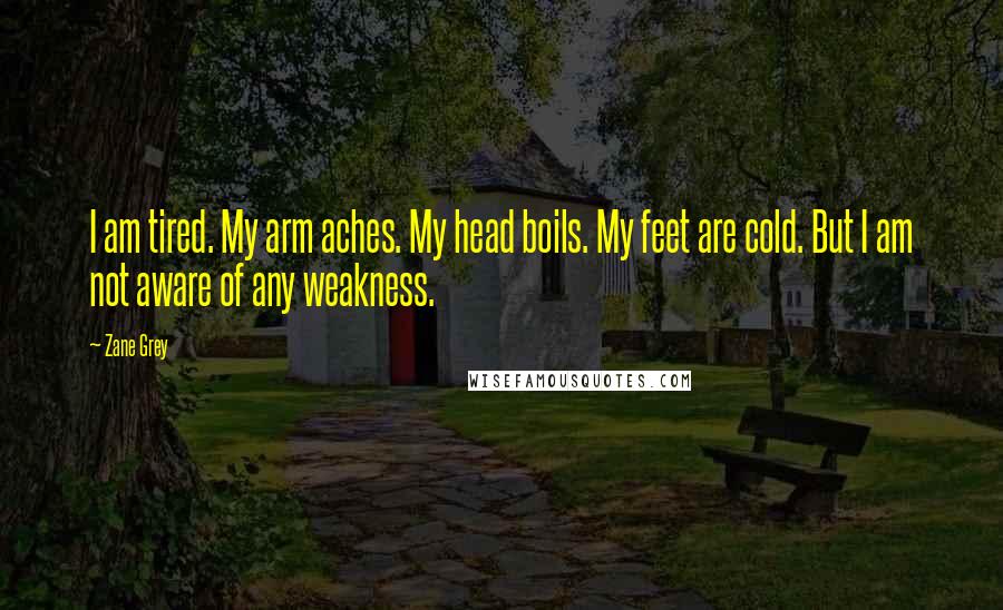 Zane Grey Quotes: I am tired. My arm aches. My head boils. My feet are cold. But I am not aware of any weakness.