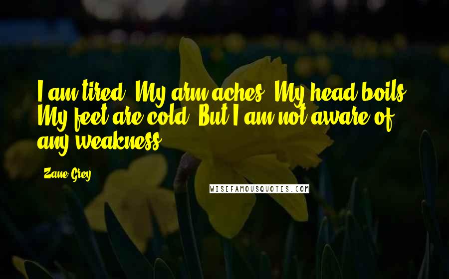 Zane Grey Quotes: I am tired. My arm aches. My head boils. My feet are cold. But I am not aware of any weakness.