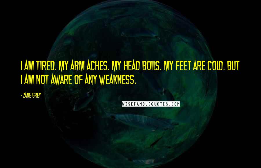 Zane Grey Quotes: I am tired. My arm aches. My head boils. My feet are cold. But I am not aware of any weakness.