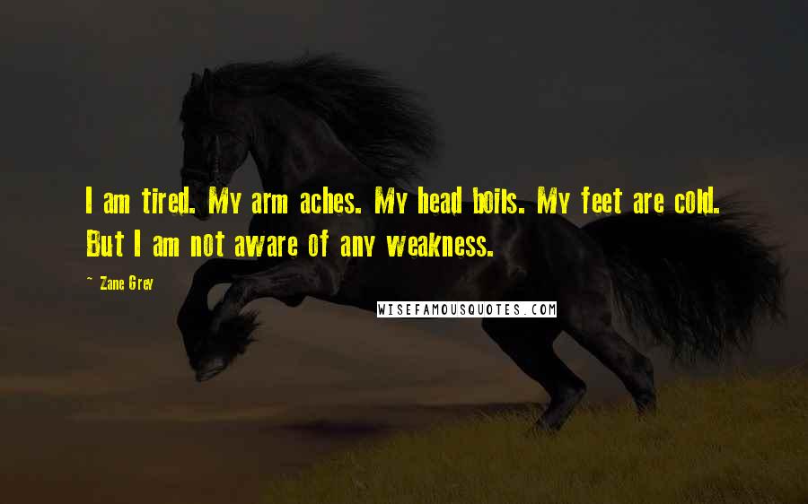 Zane Grey Quotes: I am tired. My arm aches. My head boils. My feet are cold. But I am not aware of any weakness.