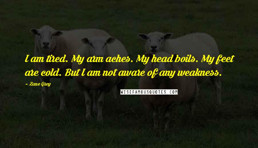 Zane Grey Quotes: I am tired. My arm aches. My head boils. My feet are cold. But I am not aware of any weakness.