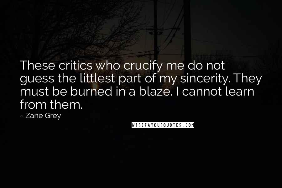 Zane Grey Quotes: These critics who crucify me do not guess the littlest part of my sincerity. They must be burned in a blaze. I cannot learn from them.