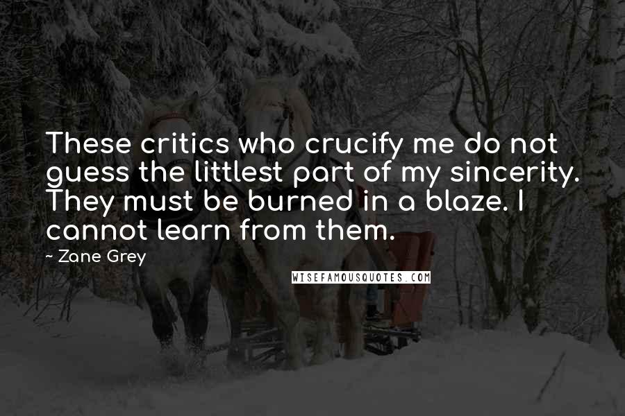 Zane Grey Quotes: These critics who crucify me do not guess the littlest part of my sincerity. They must be burned in a blaze. I cannot learn from them.