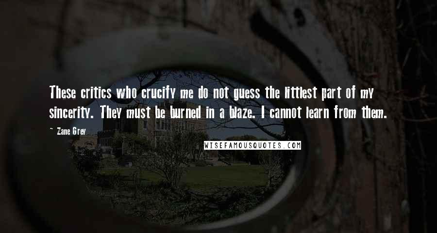 Zane Grey Quotes: These critics who crucify me do not guess the littlest part of my sincerity. They must be burned in a blaze. I cannot learn from them.