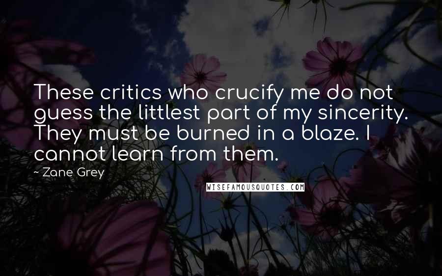 Zane Grey Quotes: These critics who crucify me do not guess the littlest part of my sincerity. They must be burned in a blaze. I cannot learn from them.