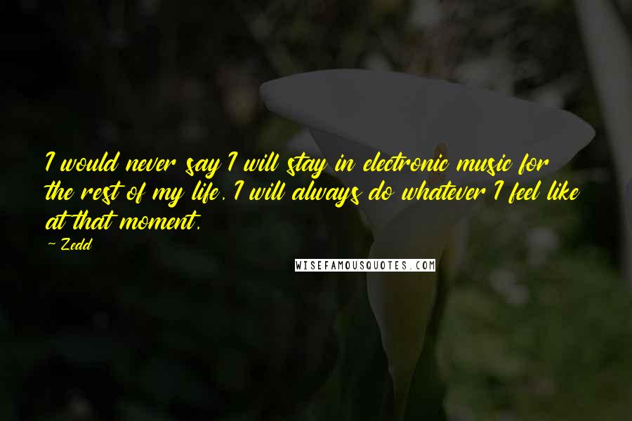 Zedd Quotes: I would never say I will stay in electronic music for the rest of my life. I will always do whatever I feel like at that moment.