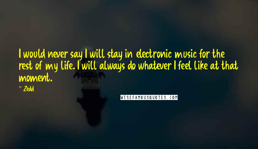 Zedd Quotes: I would never say I will stay in electronic music for the rest of my life. I will always do whatever I feel like at that moment.