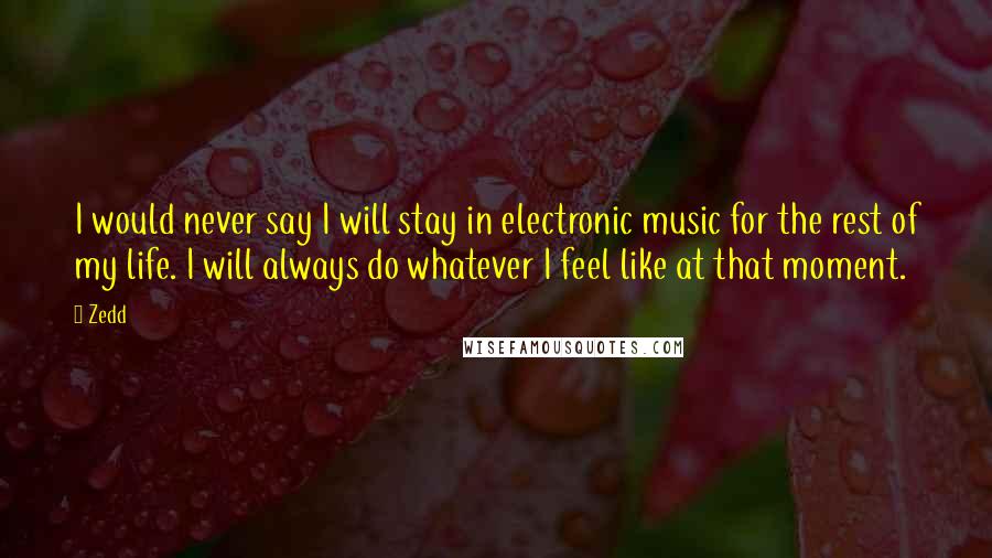 Zedd Quotes: I would never say I will stay in electronic music for the rest of my life. I will always do whatever I feel like at that moment.