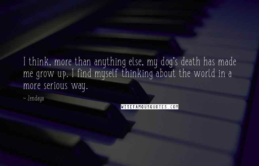 Zendaya Quotes: I think, more than anything else, my dog's death has made me grow up. I find myself thinking about the world in a more serious way.