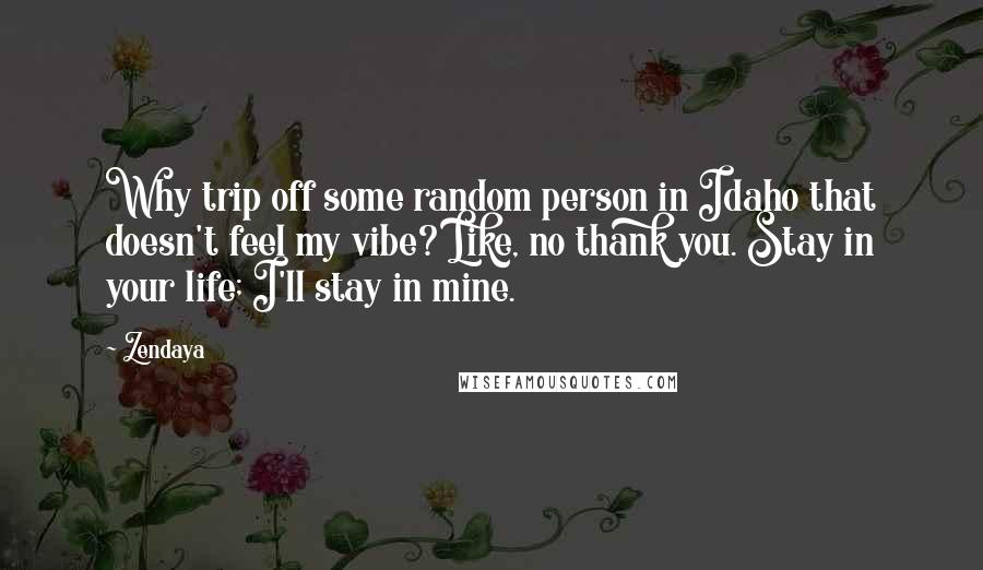 Zendaya Quotes: Why trip off some random person in Idaho that doesn't feel my vibe? Like, no thank you. Stay in your life; I'll stay in mine.