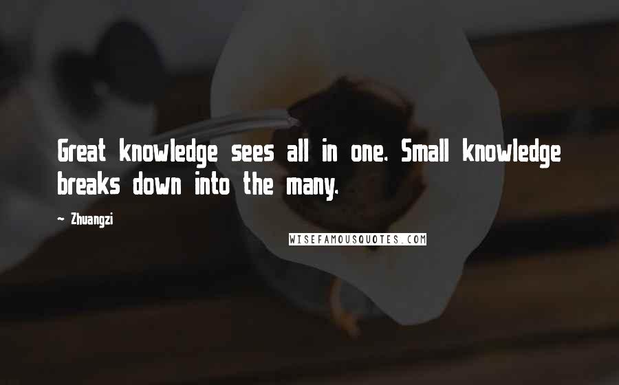 Zhuangzi Quotes: Great knowledge sees all in one. Small knowledge breaks down into the many.