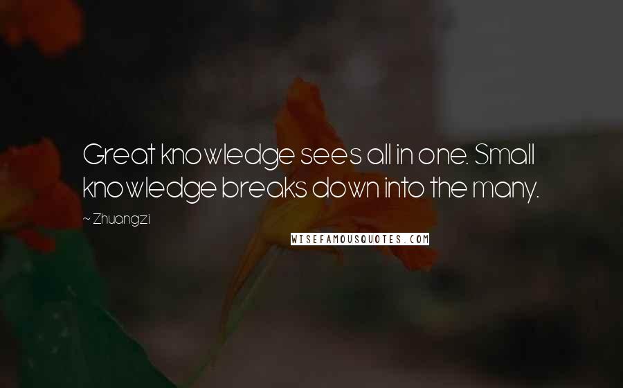 Zhuangzi Quotes: Great knowledge sees all in one. Small knowledge breaks down into the many.