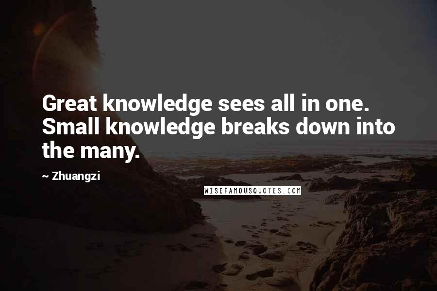 Zhuangzi Quotes: Great knowledge sees all in one. Small knowledge breaks down into the many.