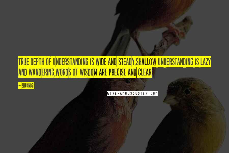 Zhuangzi Quotes: True depth of understanding is wide and steady,Shallow understanding is lazy and wandering,Words of wisdom are precise and clear