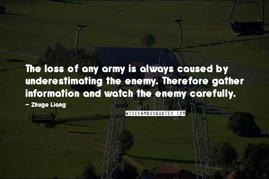 Zhuge Liang Quotes: The loss of any army is always caused by underestimating the enemy. Therefore gather information and watch the enemy carefully.