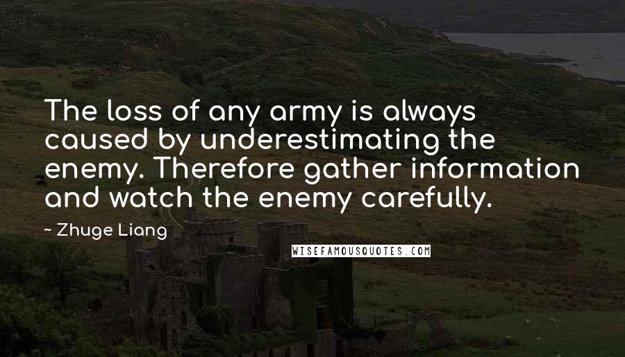 Zhuge Liang Quotes: The loss of any army is always caused by underestimating the enemy. Therefore gather information and watch the enemy carefully.