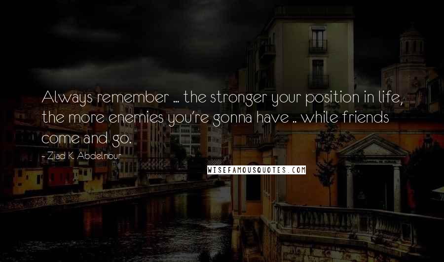 Ziad K. Abdelnour Quotes: Always remember ... the stronger your position in life, the more enemies you're gonna have .. while friends come and go.
