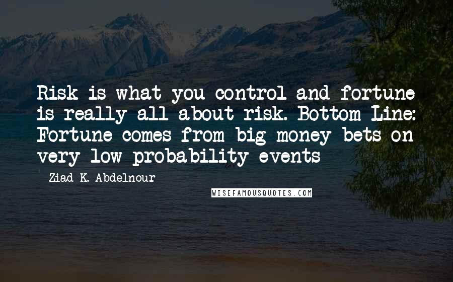 Ziad K. Abdelnour Quotes: Risk is what you control and fortune is really all about risk. Bottom Line: Fortune comes from big money bets on very low probability events