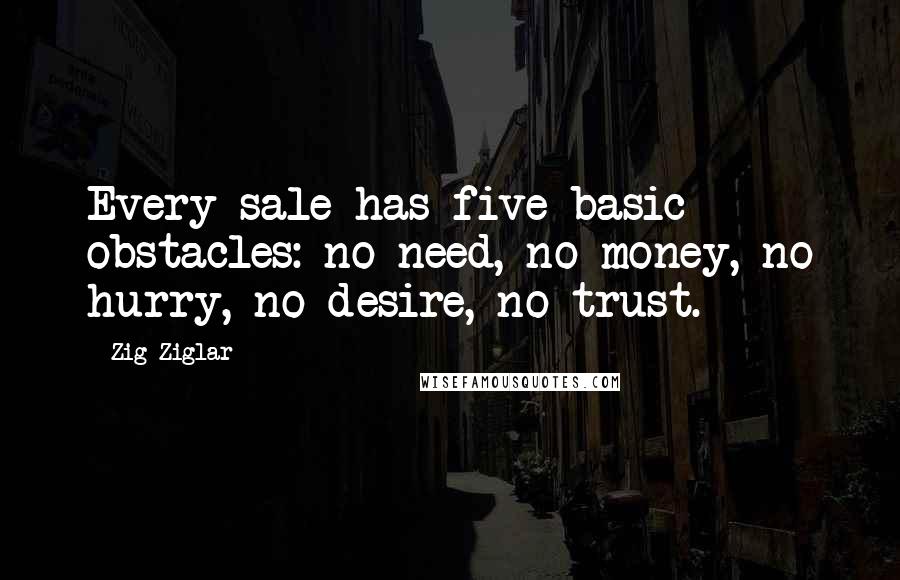 Zig Ziglar Quotes: Every sale has five basic obstacles: no need, no money, no hurry, no desire, no trust.