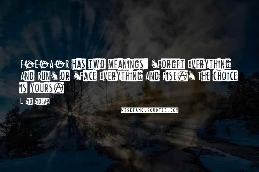 Zig Ziglar Quotes: F-E-A-R has two meanings: 'Forget Everything And Run' or 'Face Everything And Rise.' The choice is yours.