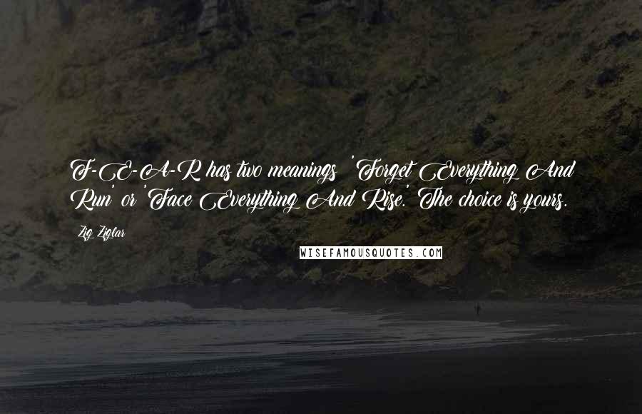 Zig Ziglar Quotes: F-E-A-R has two meanings: 'Forget Everything And Run' or 'Face Everything And Rise.' The choice is yours.