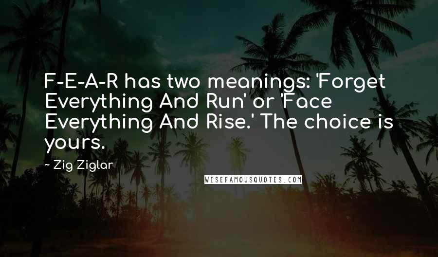 Zig Ziglar Quotes: F-E-A-R has two meanings: 'Forget Everything And Run' or 'Face Everything And Rise.' The choice is yours.