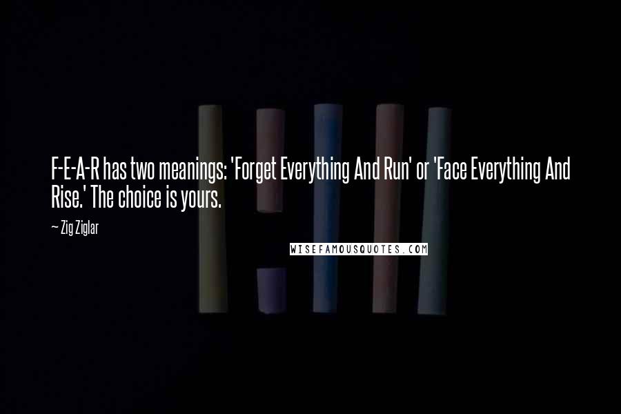 Zig Ziglar Quotes: F-E-A-R has two meanings: 'Forget Everything And Run' or 'Face Everything And Rise.' The choice is yours.