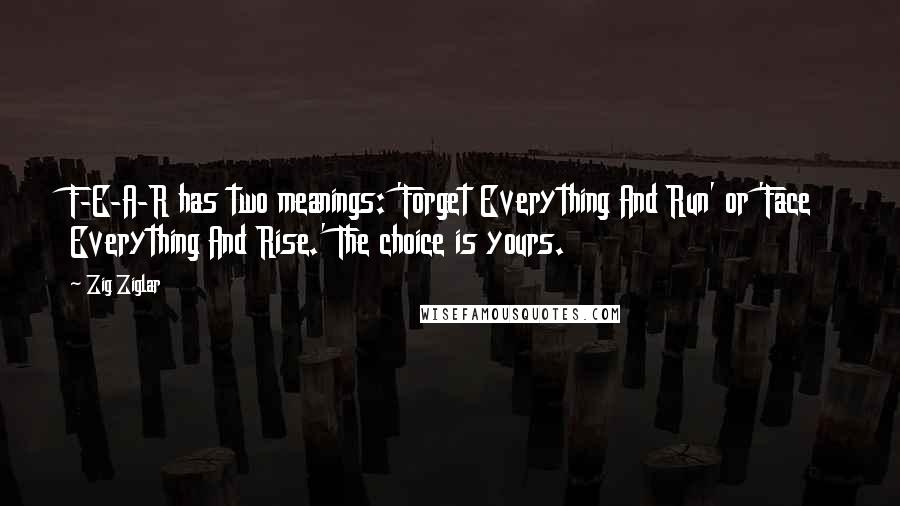 Zig Ziglar Quotes: F-E-A-R has two meanings: 'Forget Everything And Run' or 'Face Everything And Rise.' The choice is yours.