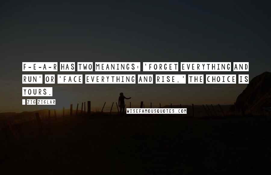 Zig Ziglar Quotes: F-E-A-R has two meanings: 'Forget Everything And Run' or 'Face Everything And Rise.' The choice is yours.