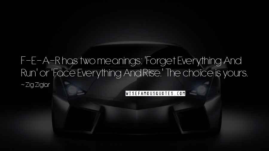 Zig Ziglar Quotes: F-E-A-R has two meanings: 'Forget Everything And Run' or 'Face Everything And Rise.' The choice is yours.