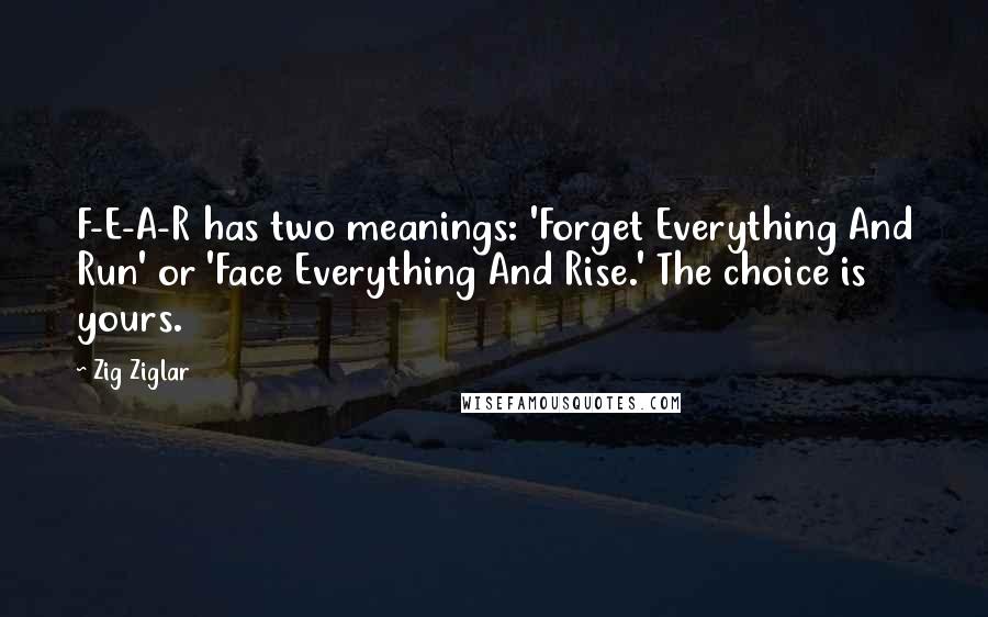 Zig Ziglar Quotes: F-E-A-R has two meanings: 'Forget Everything And Run' or 'Face Everything And Rise.' The choice is yours.