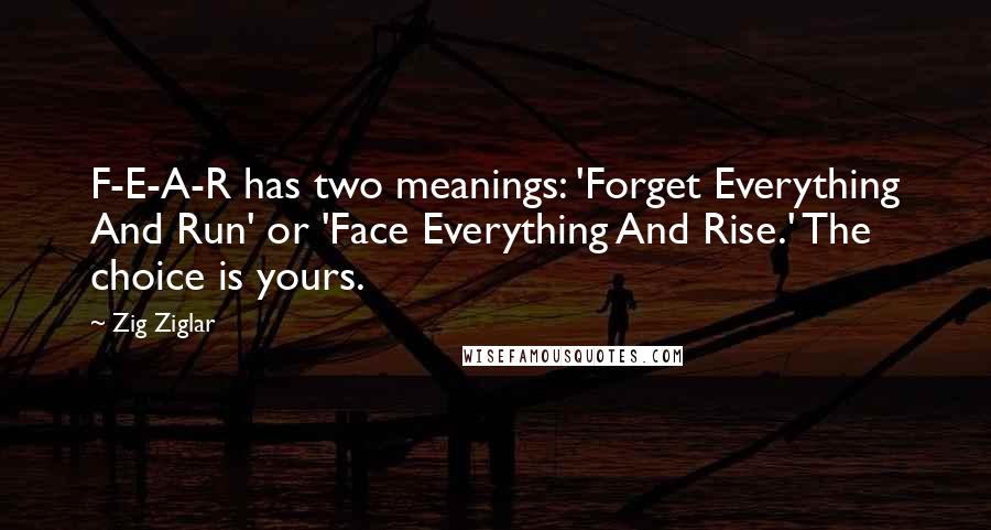 Zig Ziglar Quotes: F-E-A-R has two meanings: 'Forget Everything And Run' or 'Face Everything And Rise.' The choice is yours.